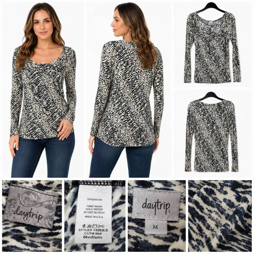 Daytrip MEDIUM Black/White Animal Print LS Blouse